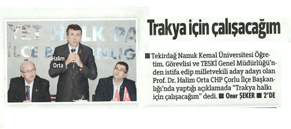 Trakya İçin Çalışacağım (Devrim Gazetesi)